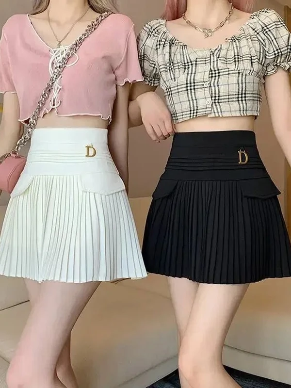 Jupe plissée trapèze taille haute amincissante, tissu Polyester ort de couleur bicolore pour femmes