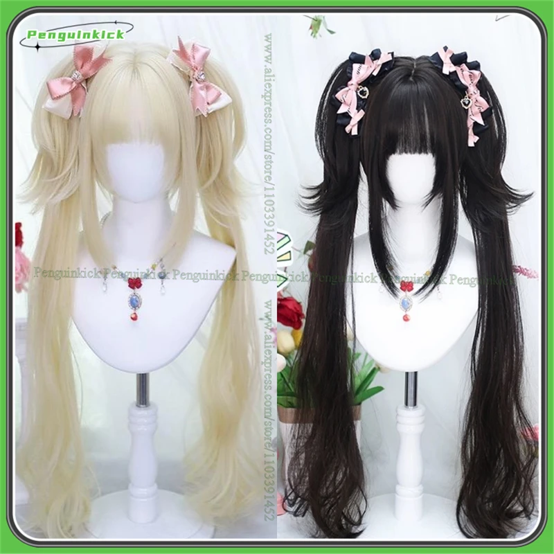 

Wavy Twin Ponytails Synthetic Wig Long Side Bangs Women Lolita Party Cute Princess Chic Girls Black Blonde Heat Resistant Hair