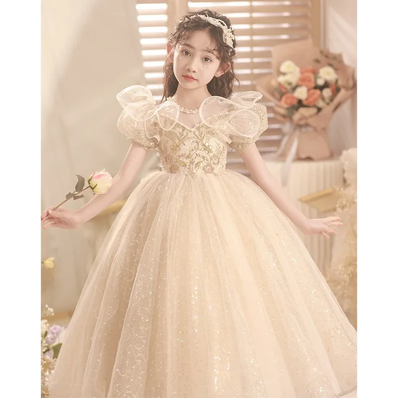 Champagne Flower Girl Dress Floral Lace Applique Children Wedding Party Gowns New Kids Clothes Princess First Communion Costume