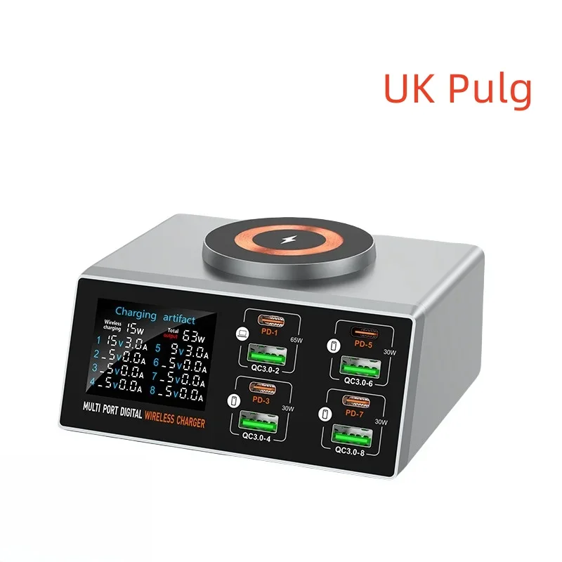 Многопортовое зарядное устройство мощностью 140 Вт с цифровым дисплеем, PD+QC и настольной магнитной беспроводной зарядкой для телефонов и ноутбуков