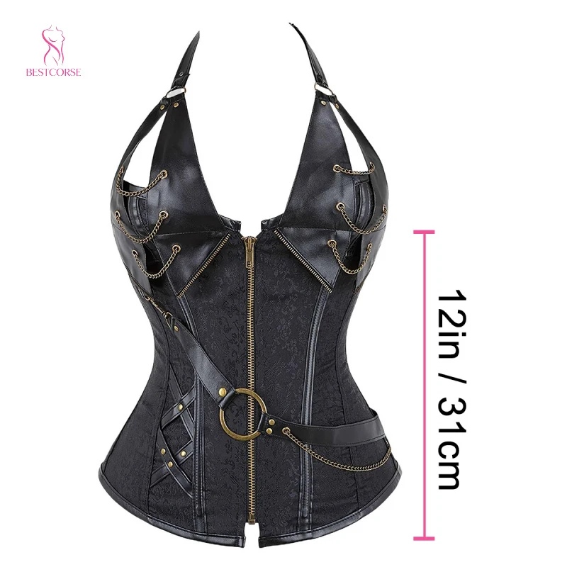 Renaissance Festival Outfit Black Leather Corset Top Halter Steampunk With Chain Decoration Gothic Punk Pirate Costume Halloween