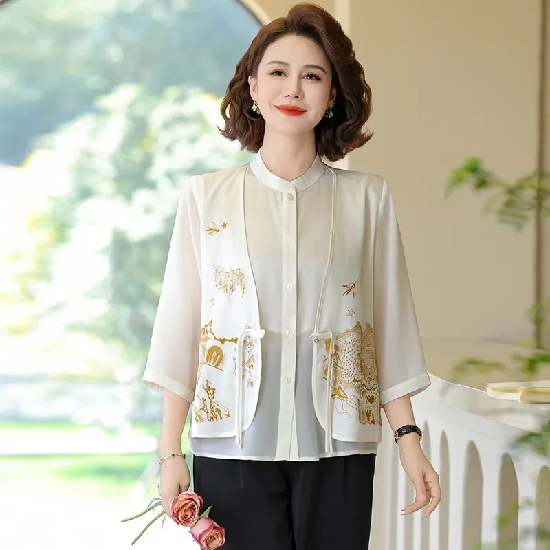 

Women's Landscape Embroidery Two-piece Blouse 3/4 Sleeve Stand Collar Chiffon Top for Middle-aged Ladies