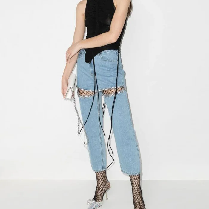

2025 Hollow Diamond Wide Leg Pants New Mid-Rise Straight Blue Skinny Pants Jeans Women