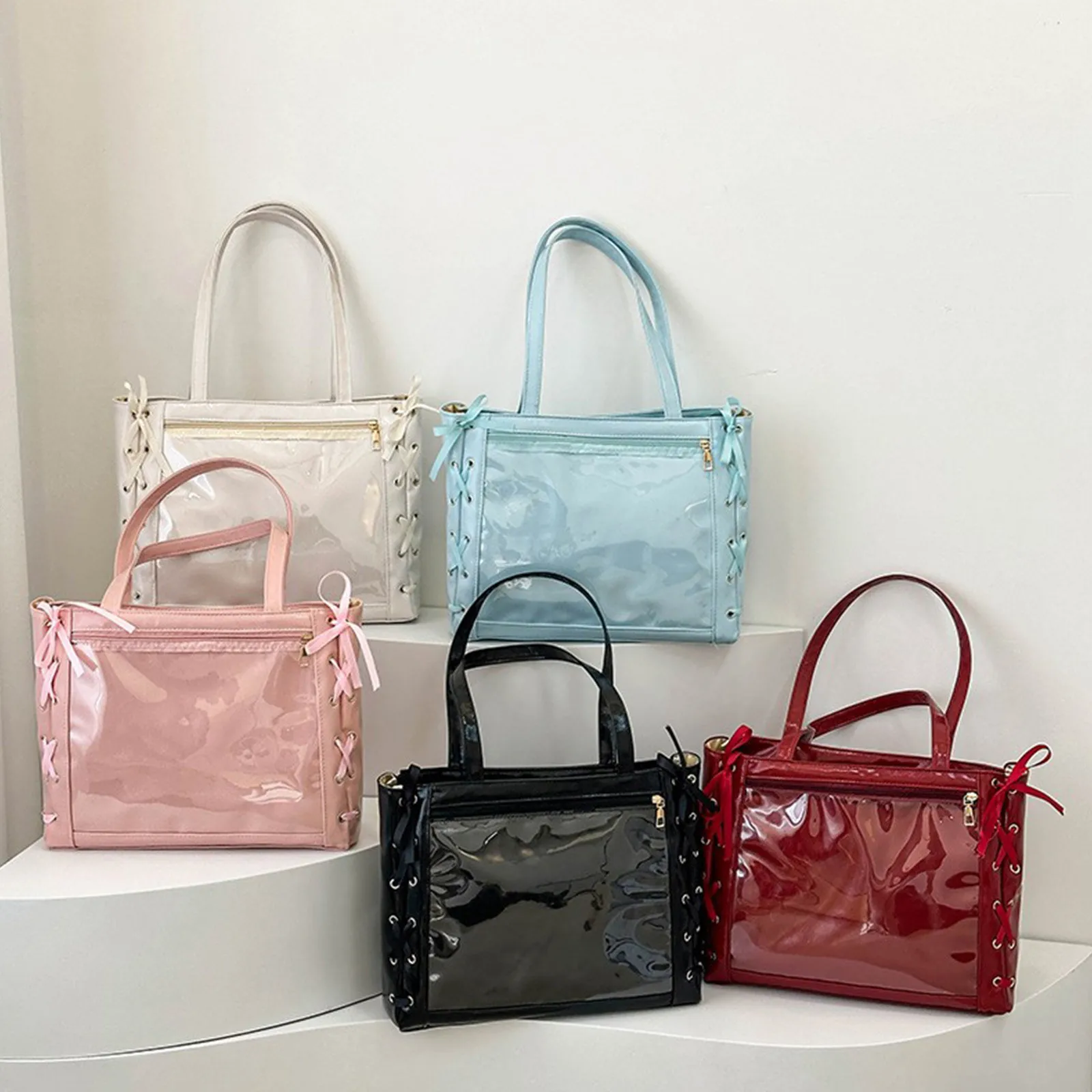 

Ribbon Bow Cute Outdoor Large Capacity One Shoulder Handheld Bag for Student Splicing Transparent Fashion Tote Bag