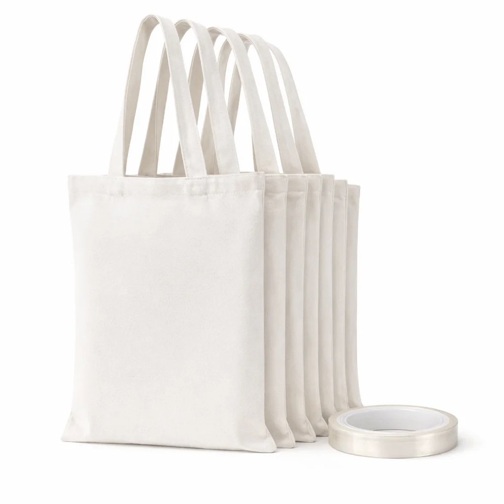 Kit de sacolas para sublimação com 7 peças, 6 sacolas brancas em branco (31 × 36 cm) + 1 unidade de fita resistente ao calor de 10 mm, acessórios para prensa térmica