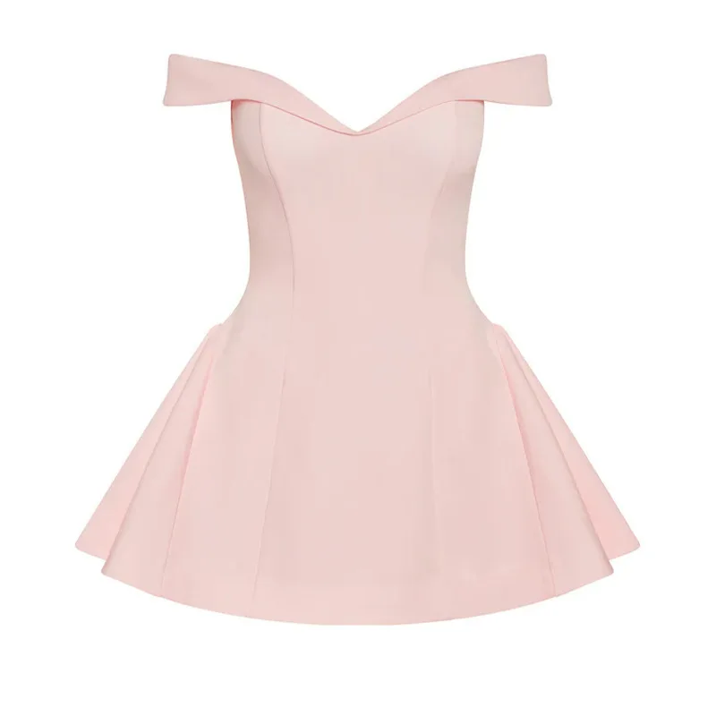 Robe nouvelle épaule dénudée dos nu Sexy sans manches couleur unie douce princesse Style taille courte robe de soirée rose