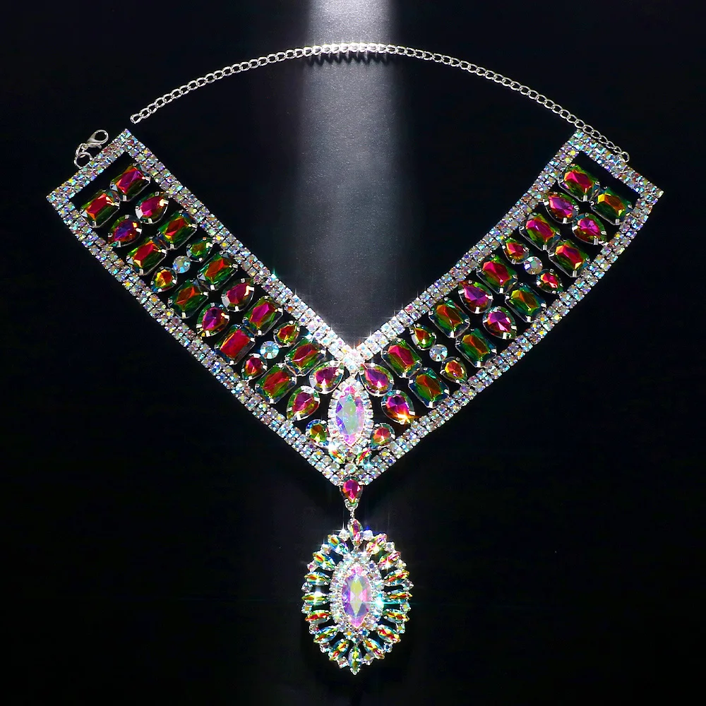 AB Colorful Rhinestone Exaggerated Jewelry Set Party Accessories Bridal Geometric Crystal Necklace Earrings Set for Women