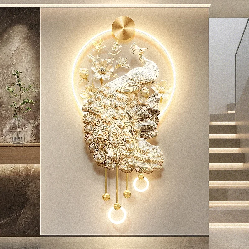 Cream Style Peacock Entrance Decoration Painting, Three-dimensional Relief Peony Flower Mural Lamp