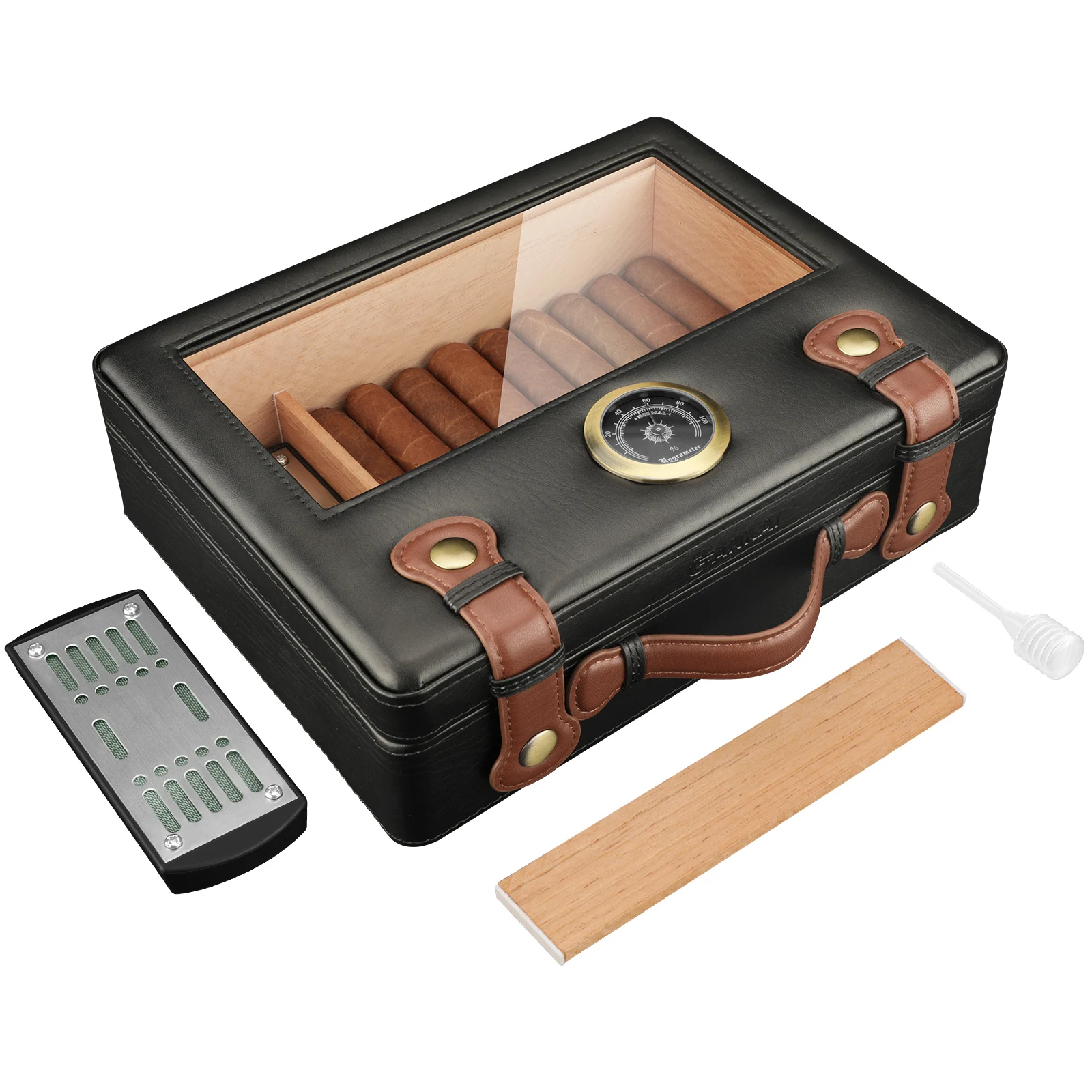 Sigaar Humidor, Reizen Humidor Box met Glazen Blad, Luchtbevochtiger Hygrometer Gauge, Sigaar Case Cederhout Voering tot 50 stuks