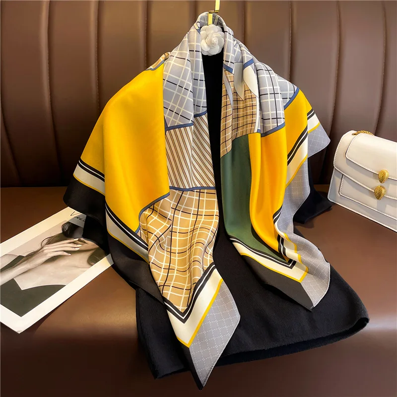 European American Color match Fashion Silk Scarf Women 90X90cm Square Shawl Female Tie Neck Bag Wrap Hijab Print Scarves Ribbon