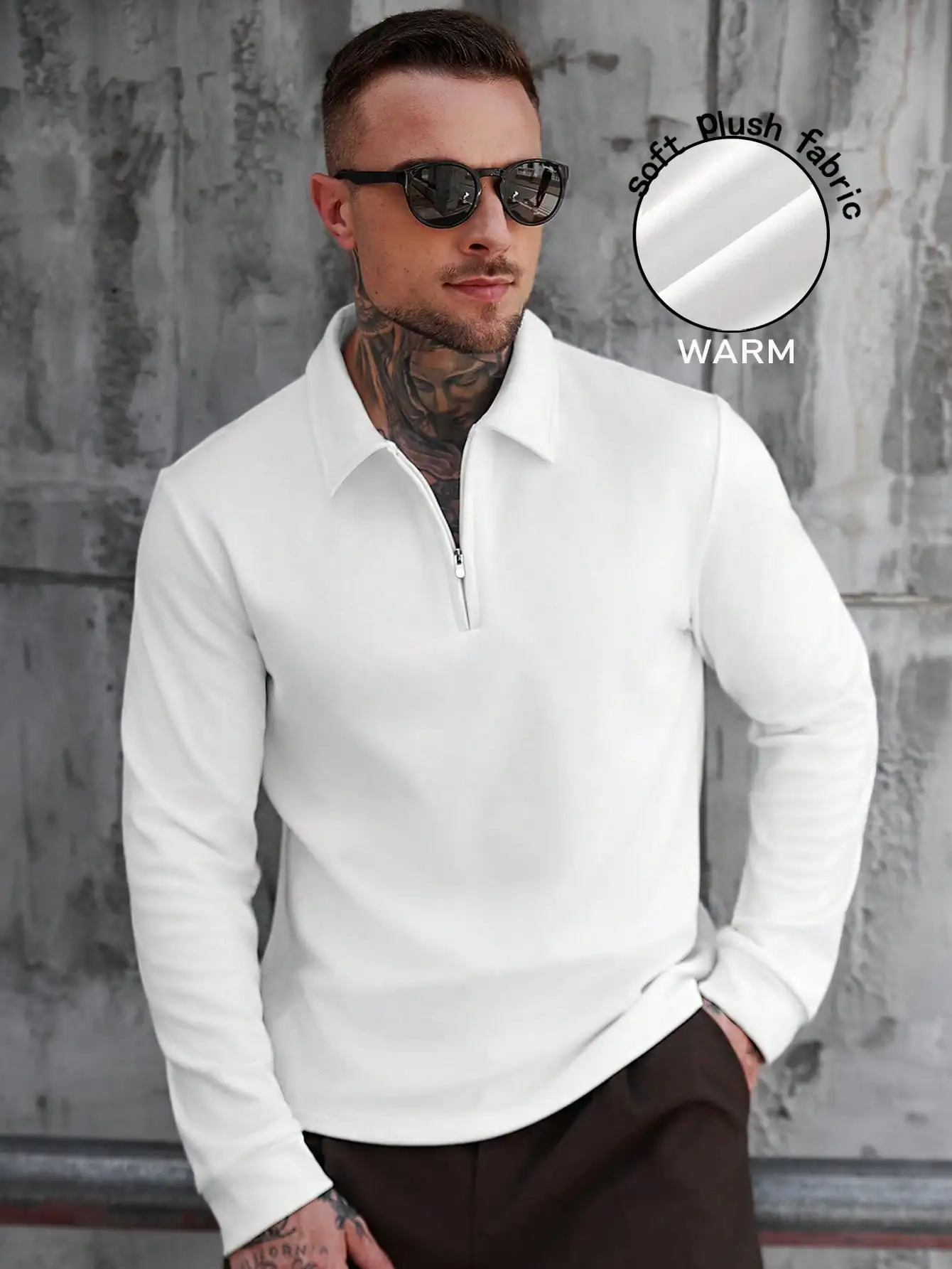 

Men's White Long Sleeve Zip-Up Polo Shirt, Soft Plush Fabric, Casual Warm Layer