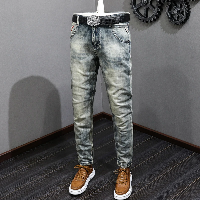 Italian Style Fashion Men Jeans High Quality Retro Washed Blue Stretch Slim Fit Ripped Jeans Men Vintage Designer Denim Pants