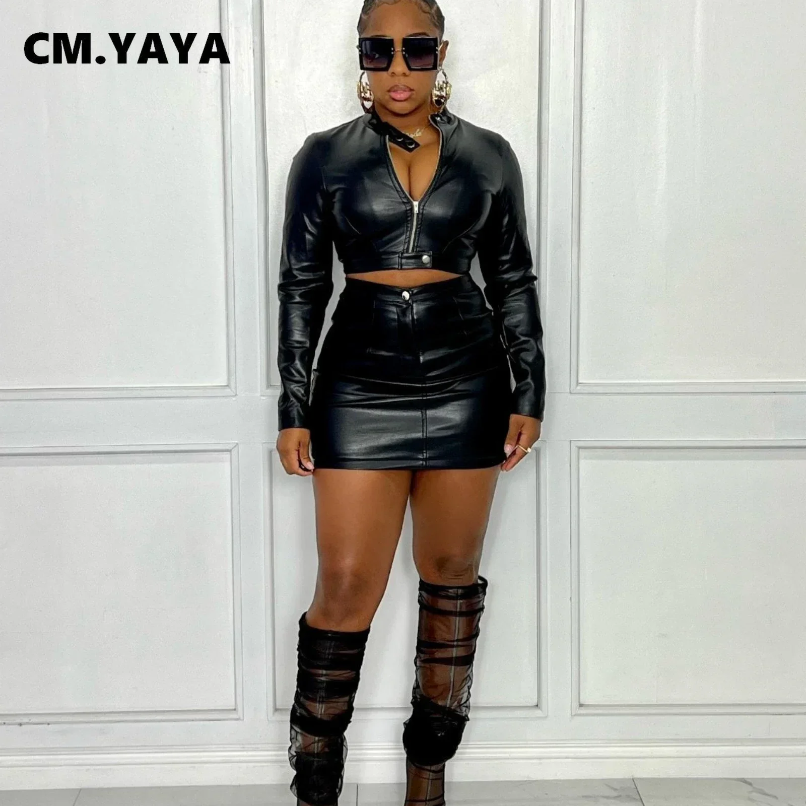 CM.YAYA Faux Leather PU Women's Dress Set Long Sleeve Jacket and Mini Skirts Suit Moto Biker Matching Two 2 Piece Set Outfits