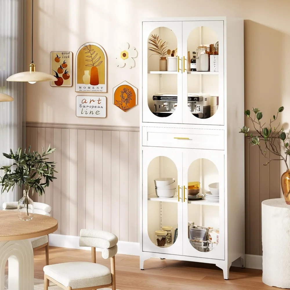 خزانة تخزين المطبخ 74.8 H مع 4 أبواب ودرج واحد، طبقات قابلة للتعديل لتخزين الحمام، خزانة معدنية طويلة للمطبخ،