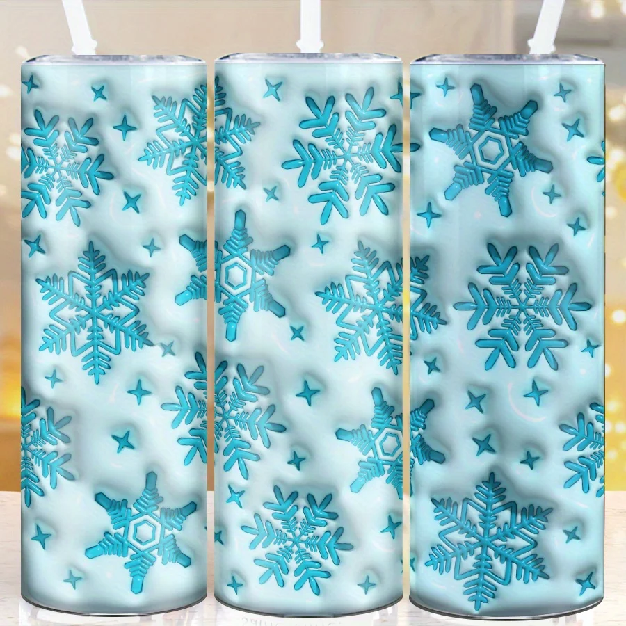 1pc, 20oz Straight Cup, 3D Print Beautiful Blue Snowflake Pattern, Large Capacity Stainless Steel Long Cup, with Straw and Lid, Insulated Christmas Water Bottle, Suitable for Christmas Party Decoration, Christmas Gifts, Family Travel Cup