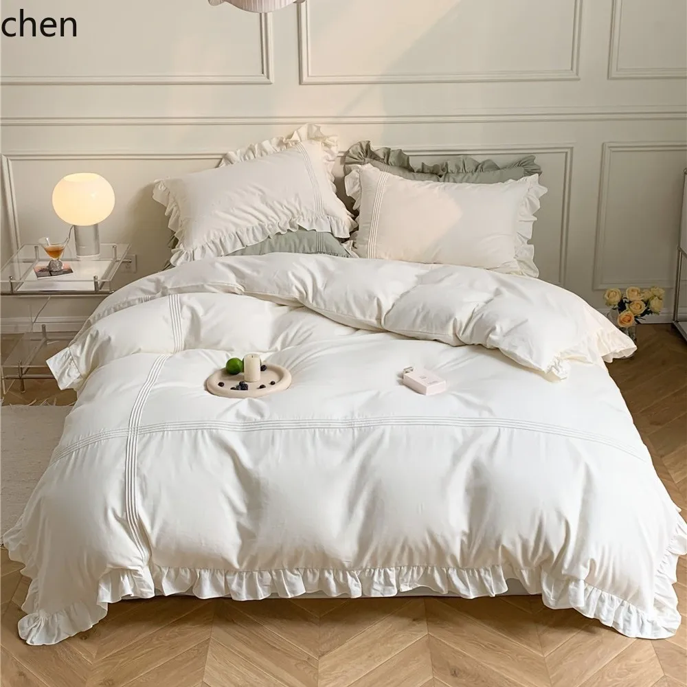 ZML four-piece set with ruffled duvet cover, all-cotton soft sheets, skin-friendly and breathable bedding