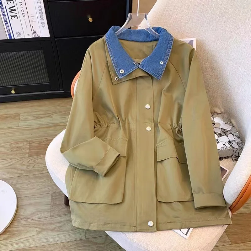 

Korean Spring Autumn Women's Trench Coat Temperament Fashion Casual Spliced Denim Collar 2024 New Female Windbreaker Outerwear