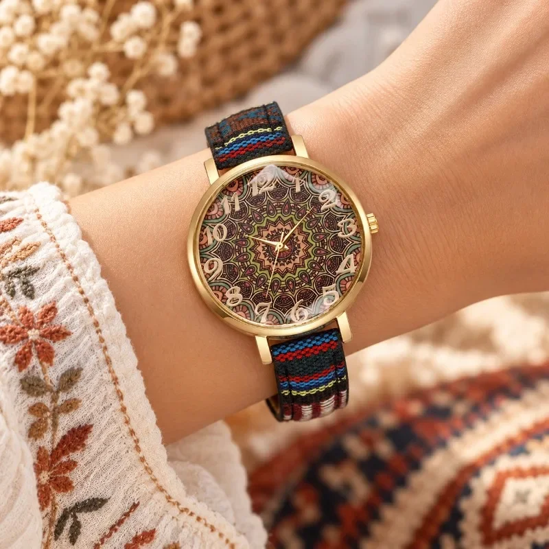 Womens Watch Luxury Vintage Floral Patterned Dial Quartz Wristwatch for Woman Fashion Elegant Ladies Watch Gift Reloj Para Mujer