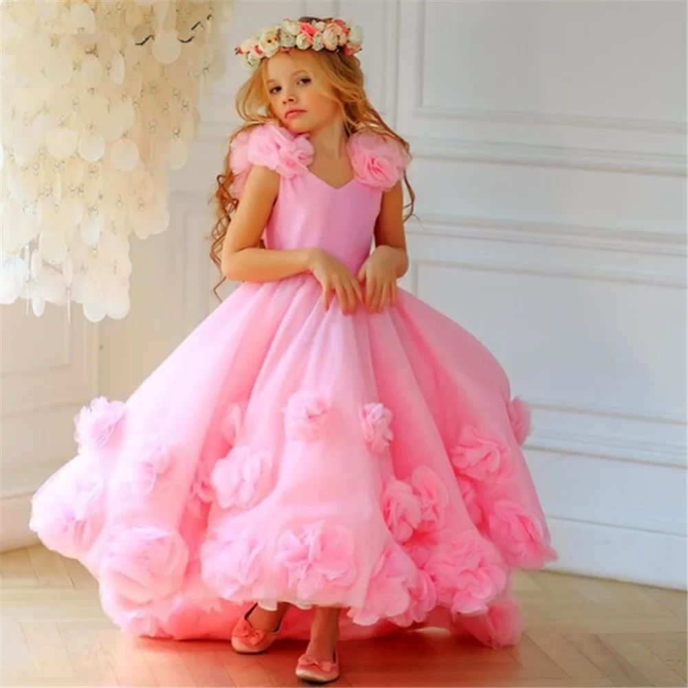

Pink Girl Princess Dress Lace Puffy Flower Girl Dresses Sleeve Cute Girl Birthday Dress Wedding Party Dress Baby Dress