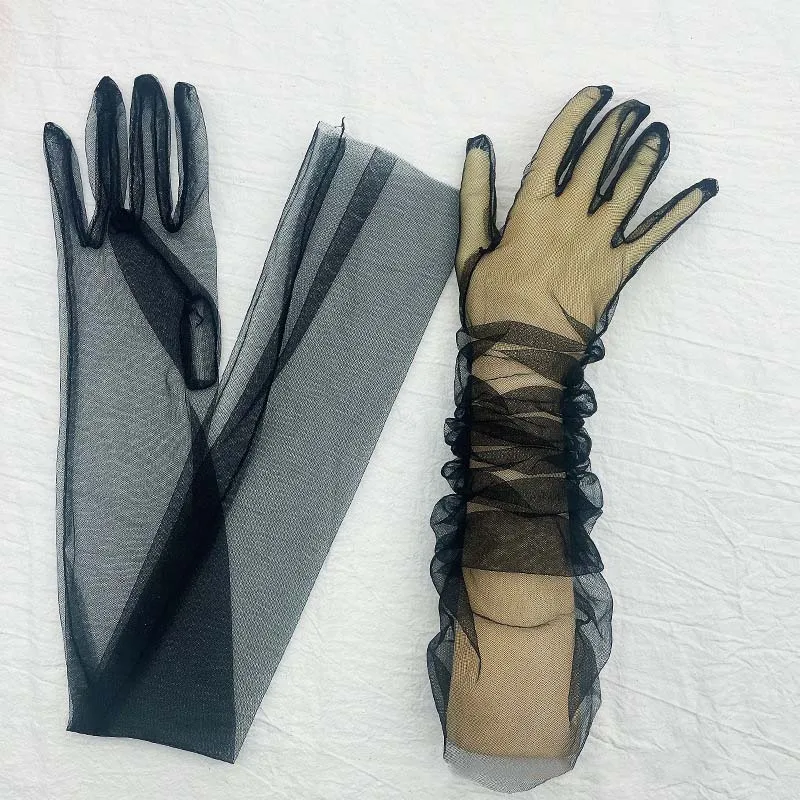 

1 Pair Fashion Long Sheer Tulle Gloves Ultra Thin Stretchy Full Finger Mittens Mesh Wedding Bride Gloves Halloween Accessory