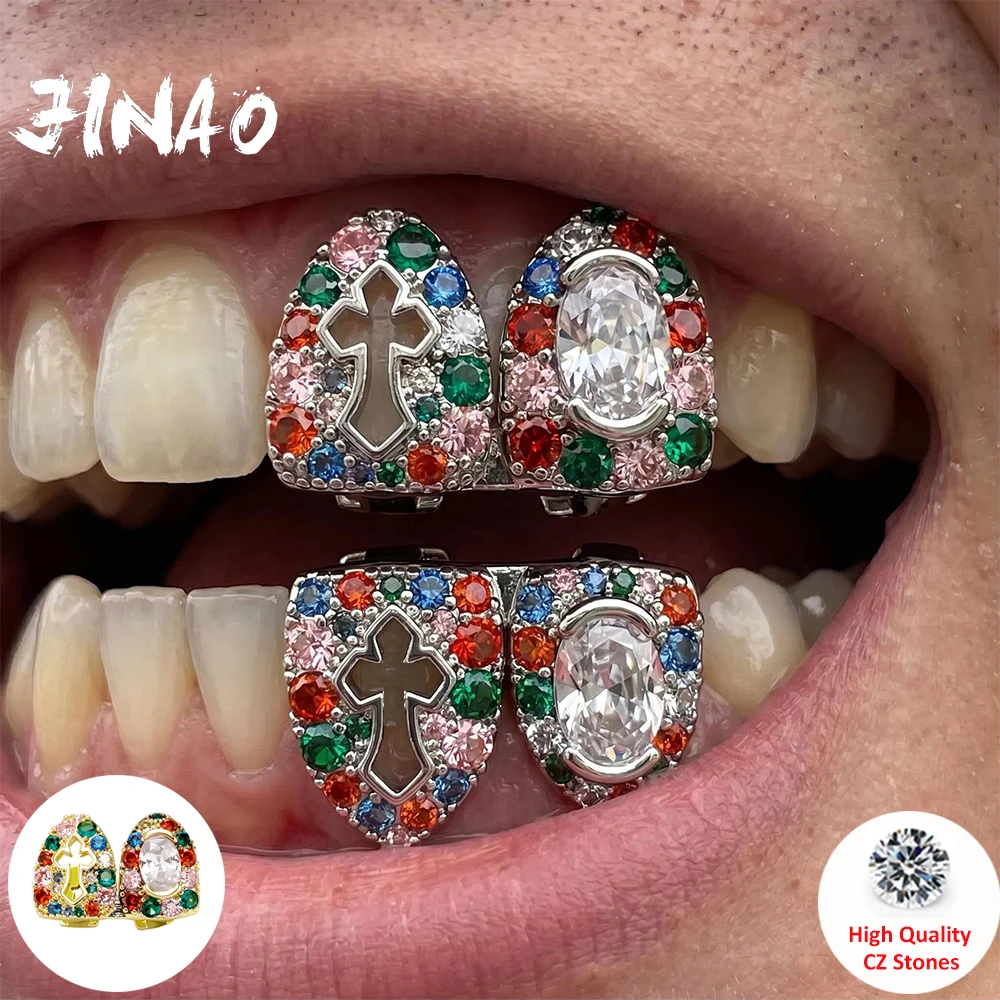 JINAO Hip Hop Upside Double Teeth Iced Rainbow Hollw Holy Cross CZ Grillz Top&Bottom Shiny Grill SET Punk Rapper Christmas Gift