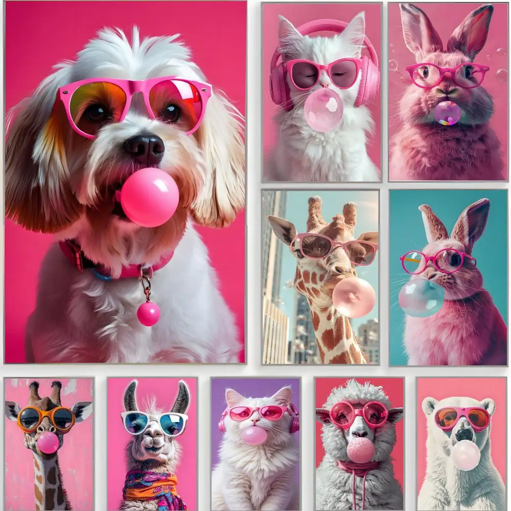 cute artwork c-colorful animals pink bubblegum Poster Classic Wall Art  Home Decor  Peel and Stick Unframed