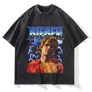 T-shirt baskılı grafik yıkanmış erkek ve kadın, kısa kollu, yuvarlak boyun, moda yaz, streetwear pantolonda en çok satılan 12, justin bieber-no. 1