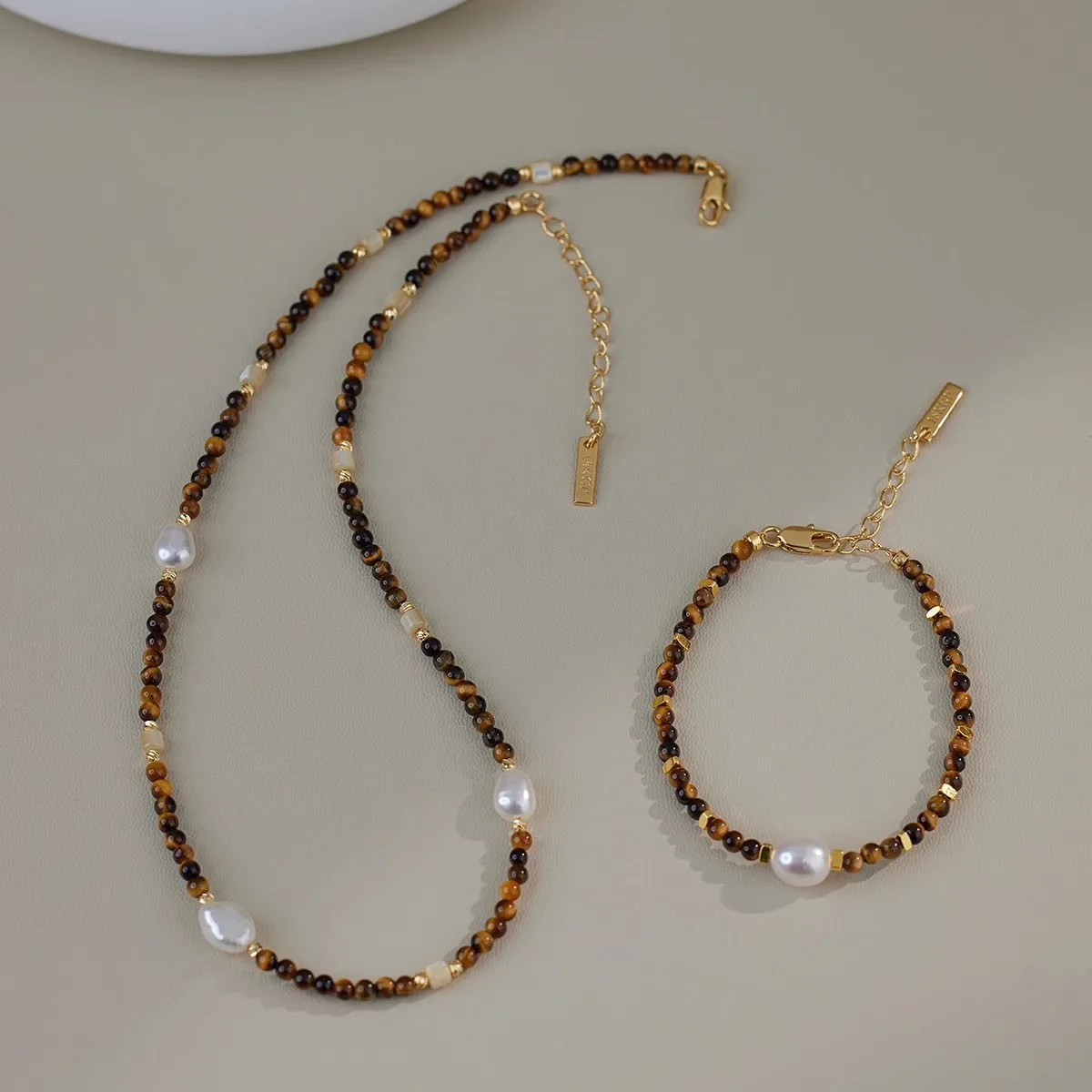 

Melard Tiger's Eye Stone Freshwater Pearl Necklace Bracelet Autumn And Winter Unique Mother-of-pearl Collar Chain For Women