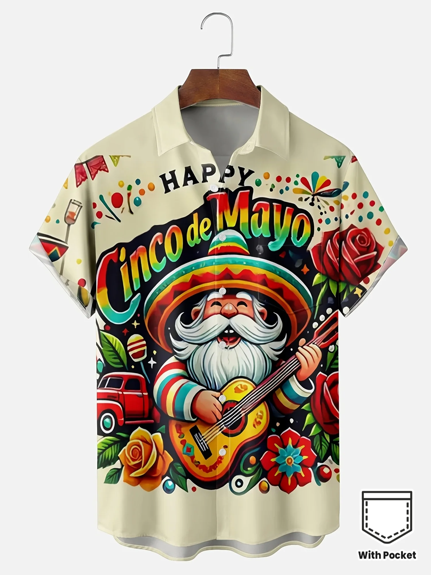 

Men's Hawaiian Shirt Cinco de Mayo Mexican Gnome Guitar Print Short Sleeve Button Down Aloha
