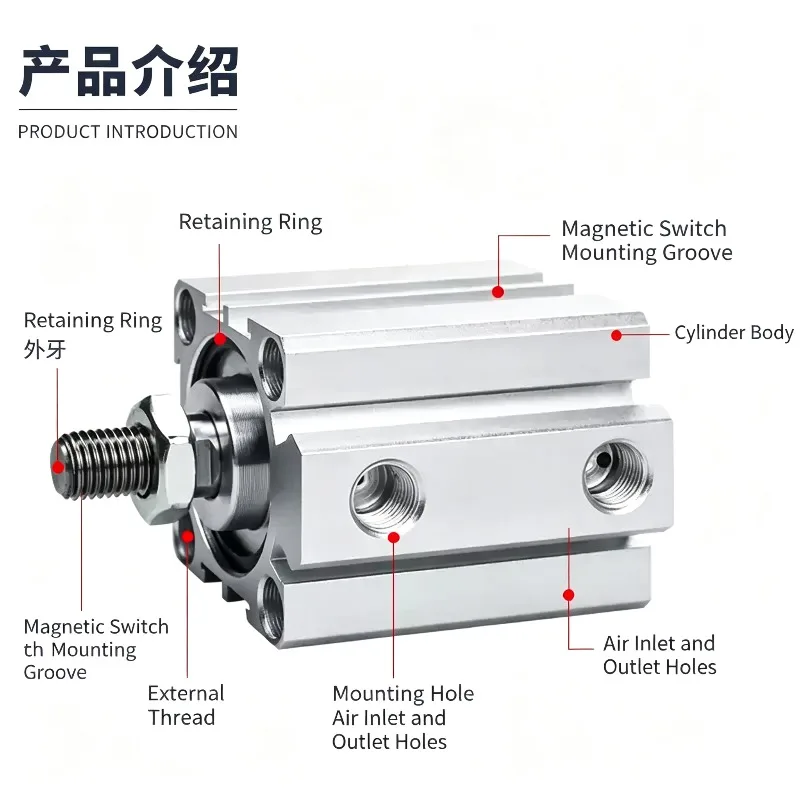 Compact Double Acting Air Pneumatic Piston Cylinder SDA-B Series 5/10/20/25/30 Stroke Options for Industrial Automation