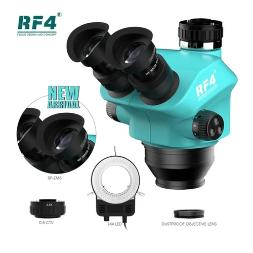 RF4 New Trinocular Microscope Head 7-50X Simul Focal Continuous Zoom Stereo Microscope WF10X/22mm Eyepiece Phone PCB Soldering
