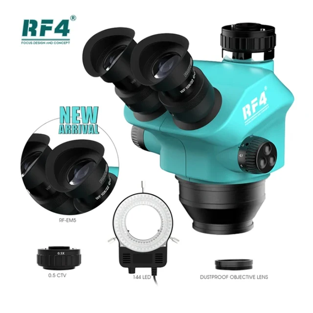 RF4 New Trinocular Microscope Head 7-50X Simul Focal Continuous Zoom Stereo Microscope WF10X/22mm Eyepiece Phone PCB Soldering