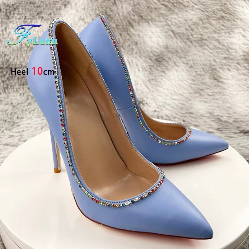 ラインストーン装飾のパーティ・宴会用レディースシューズ-6cm-8cm-10cm-12cm-スティレット-ラグジュアリーハイヒール-ポインテッドトゥ-シャローブルー-マットパンプス