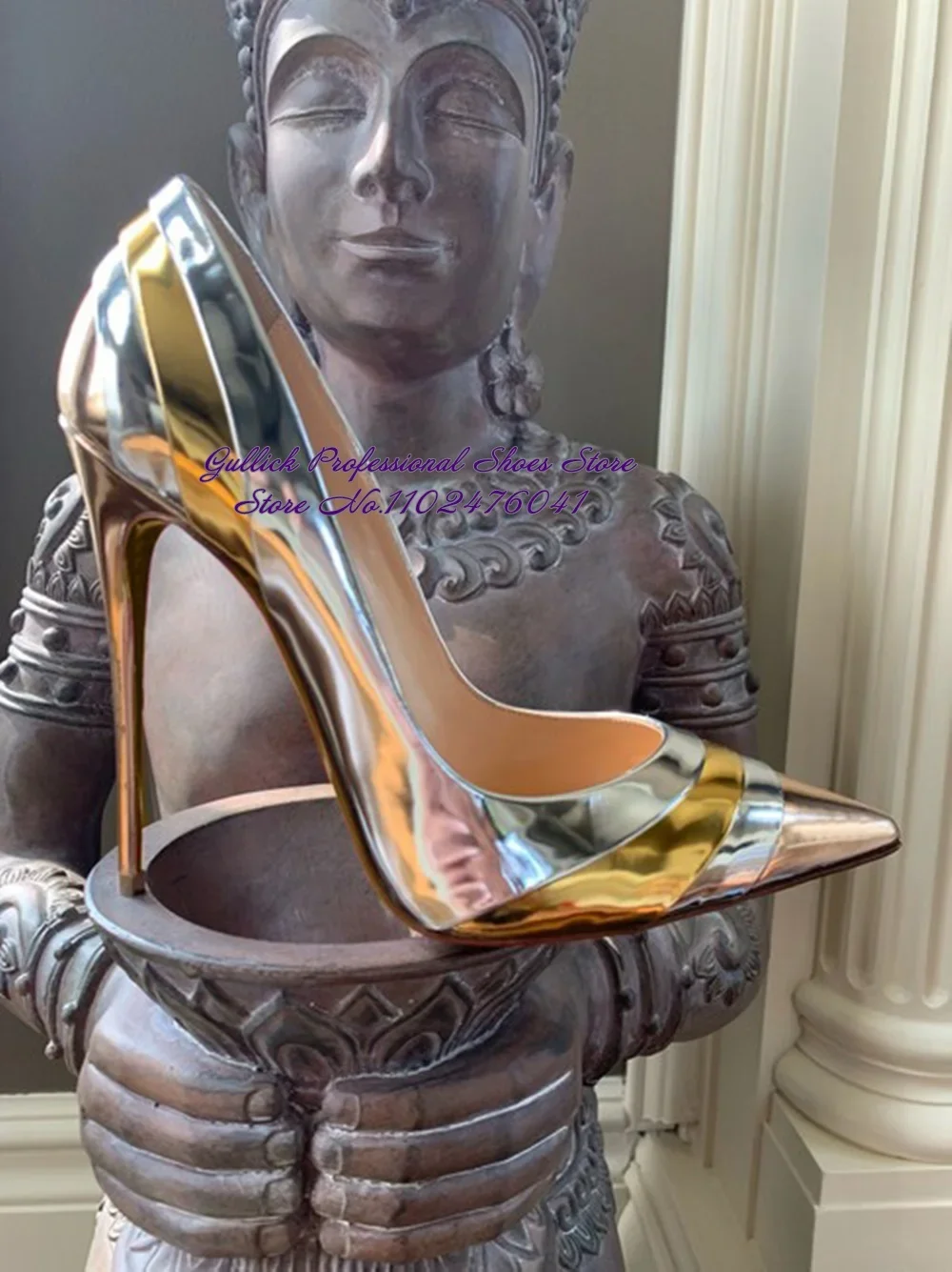 ALMUDENA Metal Rose Gold Silver Patent Leather Patchwork Dress Shoes 12cm 10cm 8cm Stiletto Heels Shallow Banquet Pumps Size45