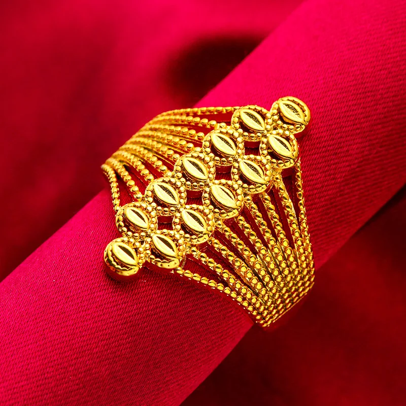 24K Gold Openwork Big Flower Ring | AU999 Pure Gold, 3D layered petals with diamond accents, adjustable for elegant wear