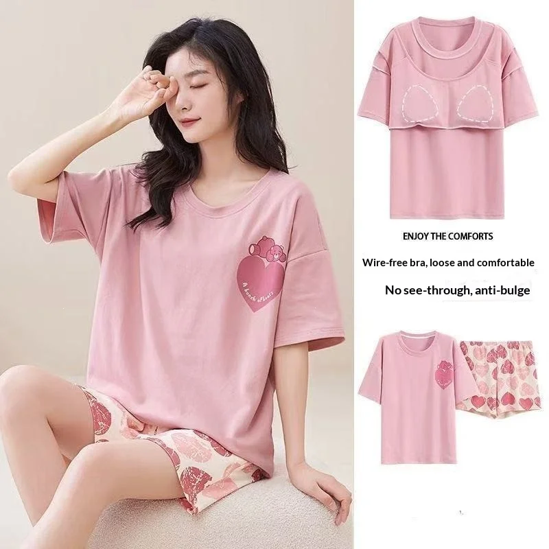 Summer Women's Short Sleeved Pajamas with Chest Cushion Home Suit Set, Heart-shaped Round Neck Shorts Pajamas Home Suit Set