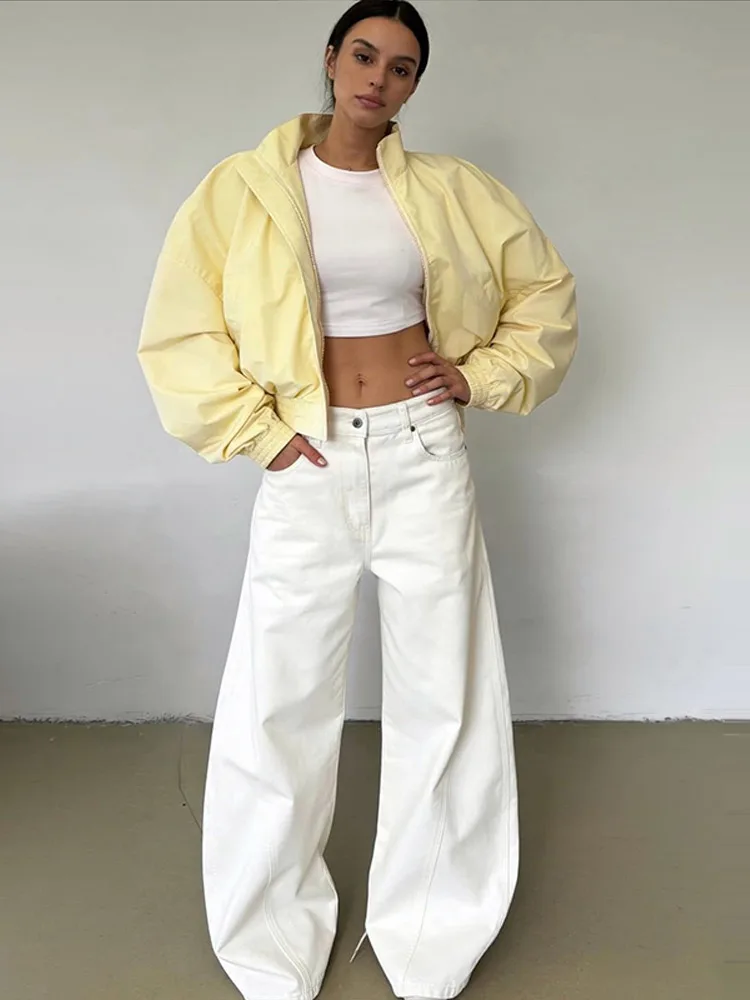 Damenjacken mit Stehkragen, Langarm, Oversize Kurzmäntel, Street-Style mit Laternenärmeln, Gerüschter Loser Mantel, Schicke Neue Oberbekleidung – Detail 11