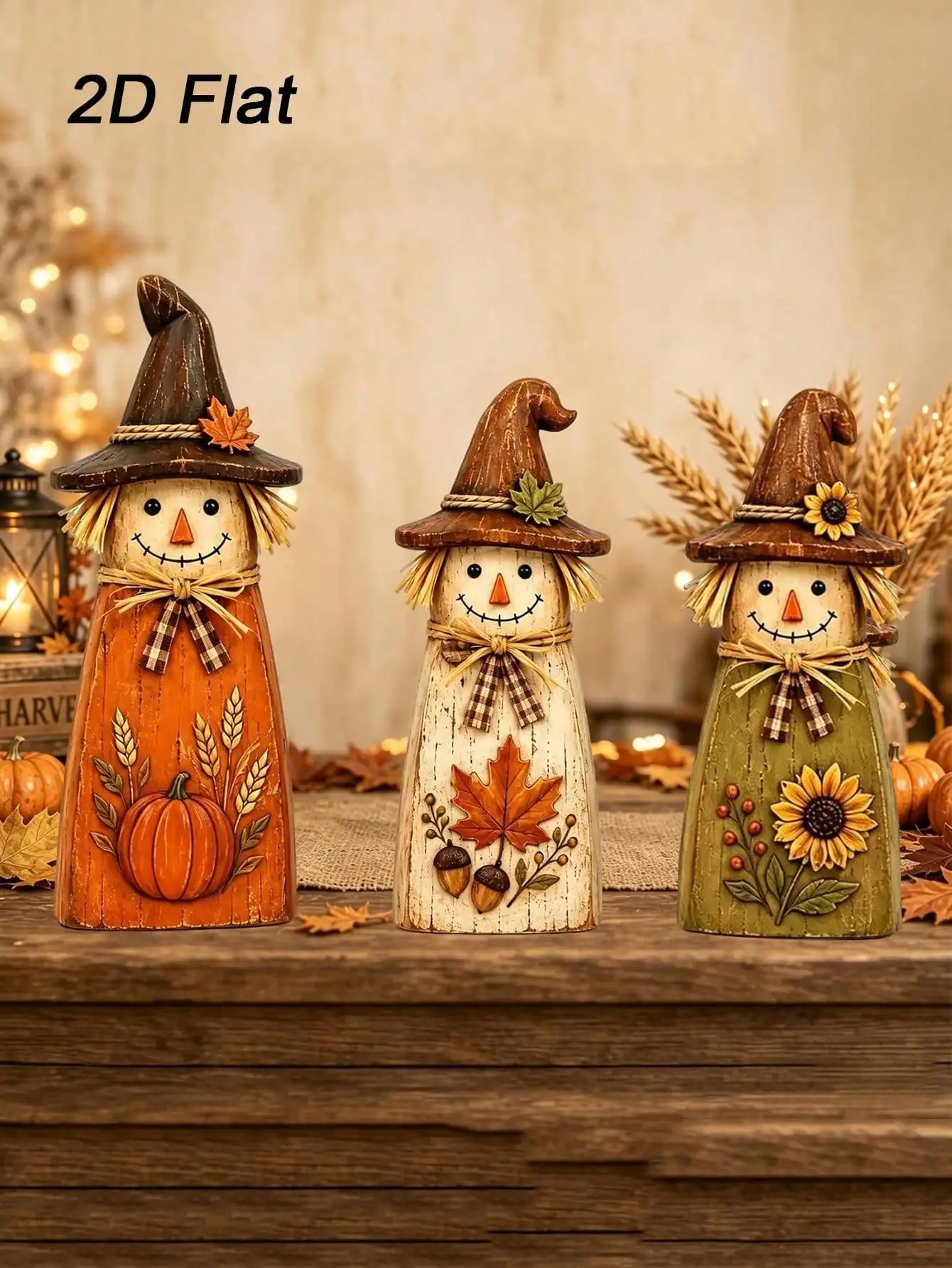 3-teiliges Set aus 2D flachen Vintage-Holz-Schreckenfiguren für die Herbstdekoration | Kann auf Kaminsimsen, Regalen, Eingangstischen, Kaffeebars und Küchenarbeitsplatten platziert werden. – Detail 5