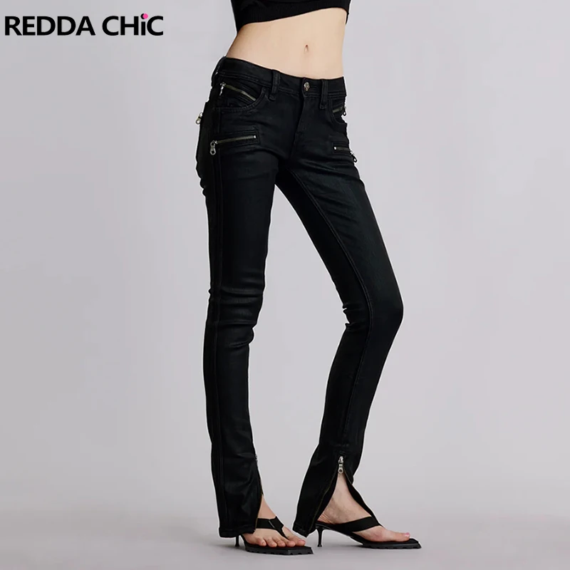 

Женские обтягивающие джинсы REDDACHiC с молниями на манжетах, сексуальные джинсы с низкой посадкой в стиле Харадзюку, облегающие эластичные джинсовые брюки черного цвета, ретро-гранж, уличная мода