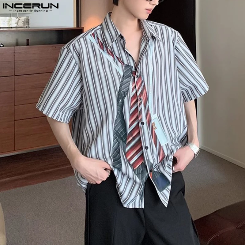 INCERUN 男性シャツストライプパッチワークラペル半袖男性服ストリートルーズ夏韓国スタイルファッションカジュアルシャツ