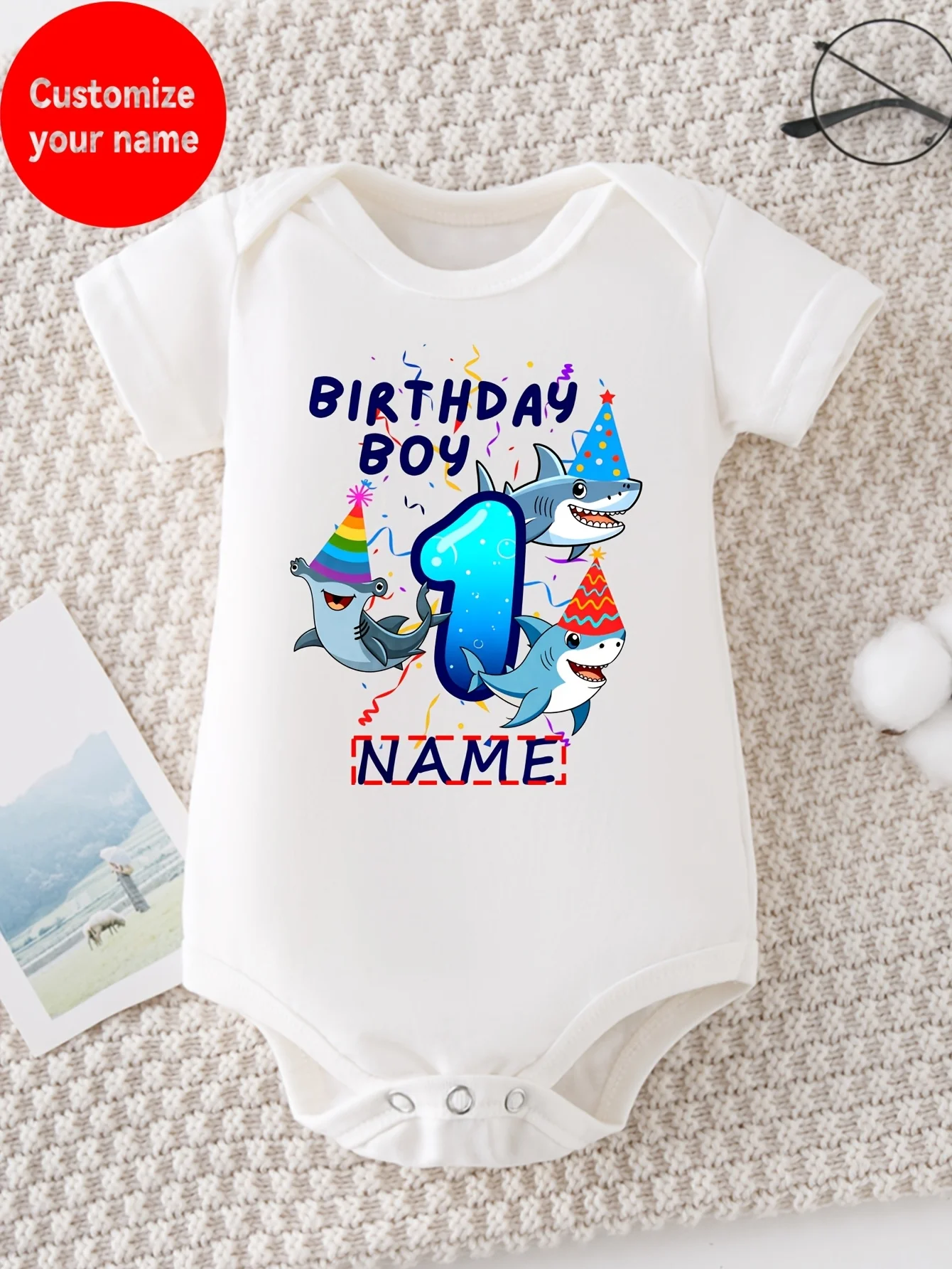 Birthday Baby Jumpsuit with Customized Shark Cartoon Animal and Number 1 Letter Pattern Printed Fashionable Casual Creative