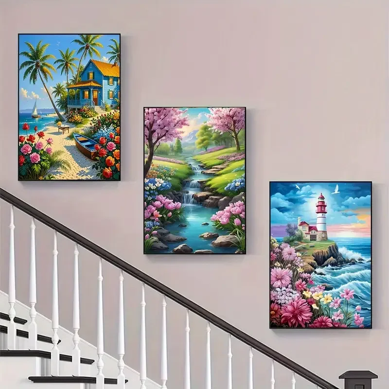 

5D Diy Diamond Art Painting Tropical Beaches,Waterfalls, and Lighthouses Landscape Triptych Diamond Embroidery Mosaic Home Decor