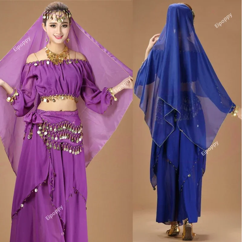 

Женский комплект, фиолетовый танцевальный костюм для взрослых, костюм для танца живота, шифоновая монета, топ с длинными рукавами и юбка, костюм для индийского танца