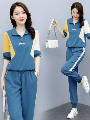 

plus Size Women's Summer New Style Slimming Short Sleeve Casual Loose Fashion Two-Piece Set High Waist Long Pants Polyester F...