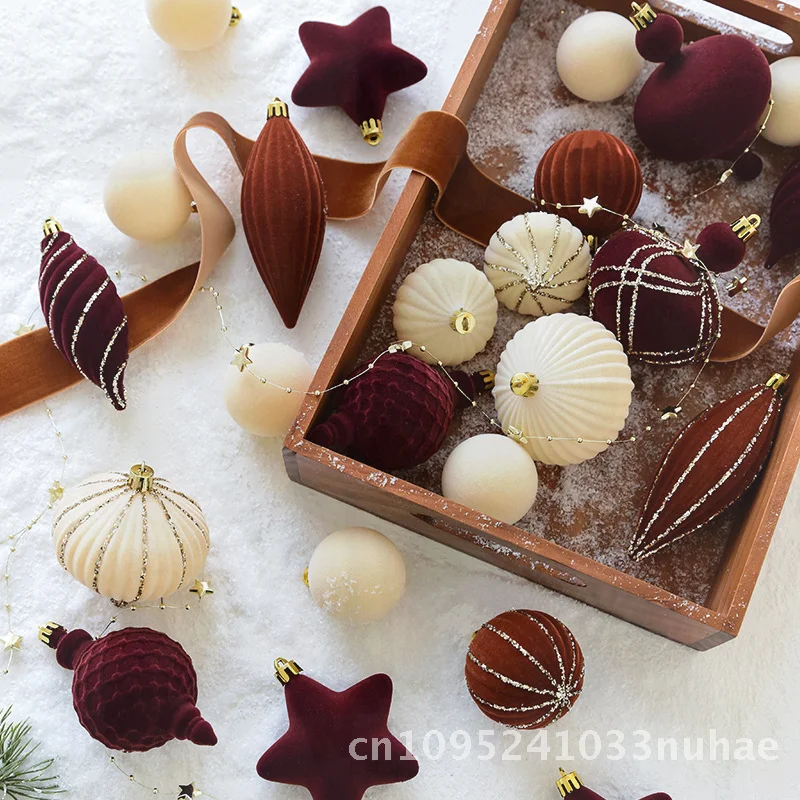 

Velvet Painted Christmas Ball Decoration Green Dark Green Beige White Wine Red Brown - Tree Hanging Pendant Ornament