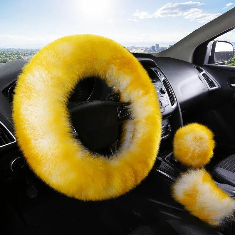 3PCS Set Real Wool Fur Soft Steering Wheel Covers Furry Long Hair Womens Winter Fashion Handle Cover Car Decoration Accessories