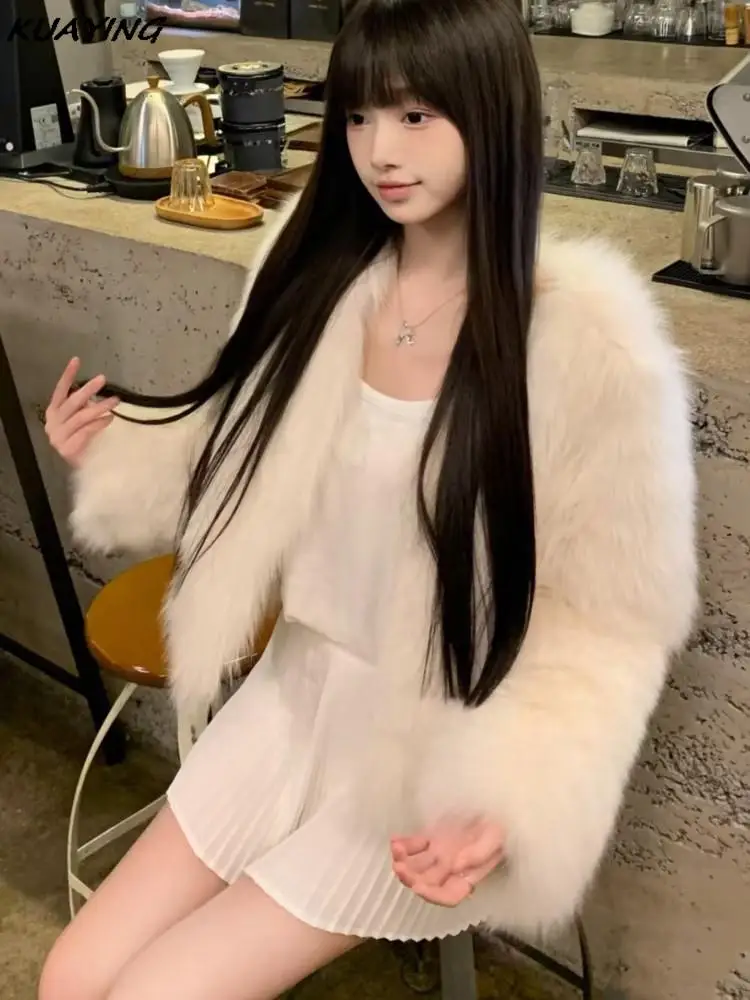 Sweet Faux Fur Coat Elegant Solid Fluffy Long Sleeve Cardigan Women's Winter Jacket Office Lady Outerwears Female New Outfits