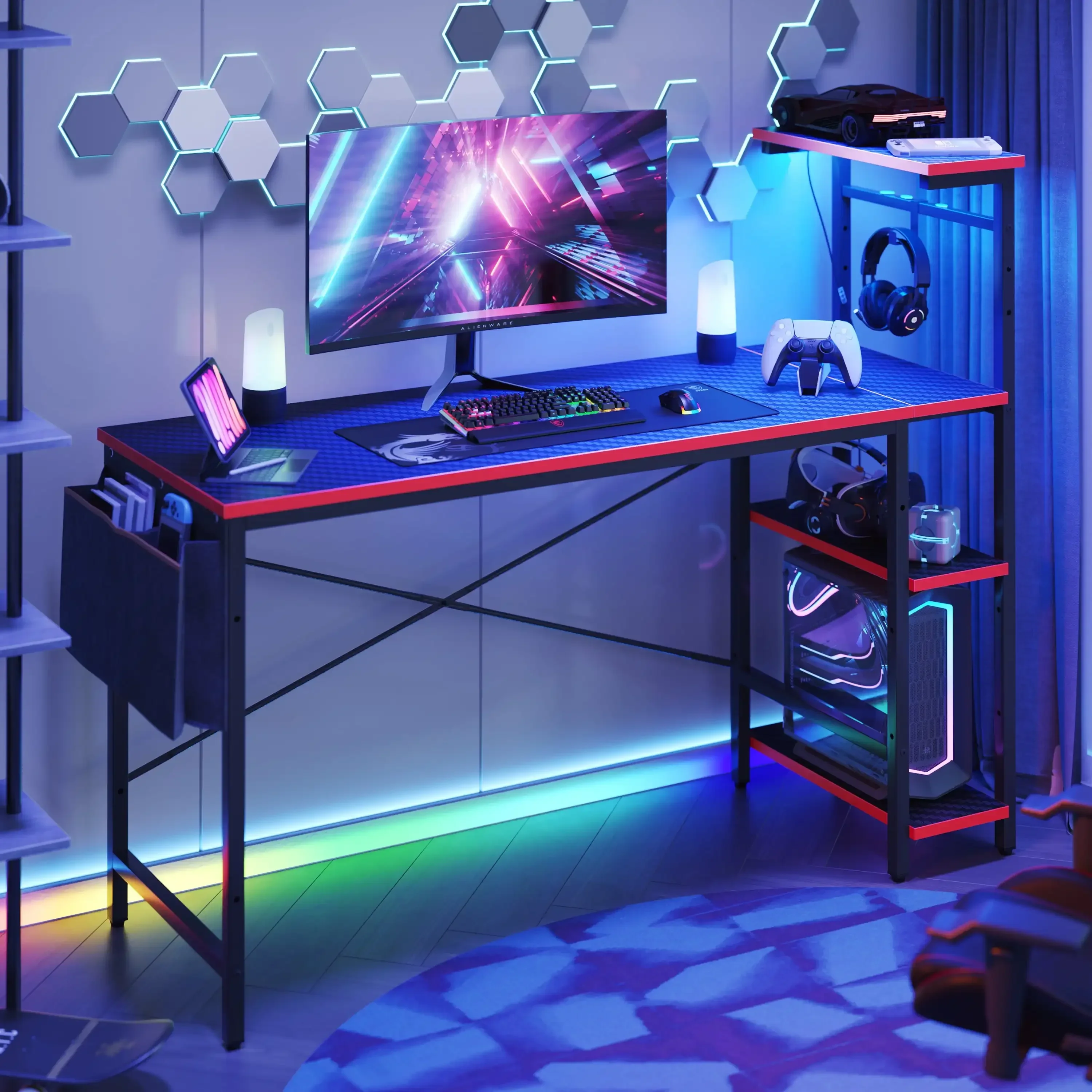 52 inch Gaming Computer Desk with LED Lights & Shelves Carbon Fiber, Reversible desk