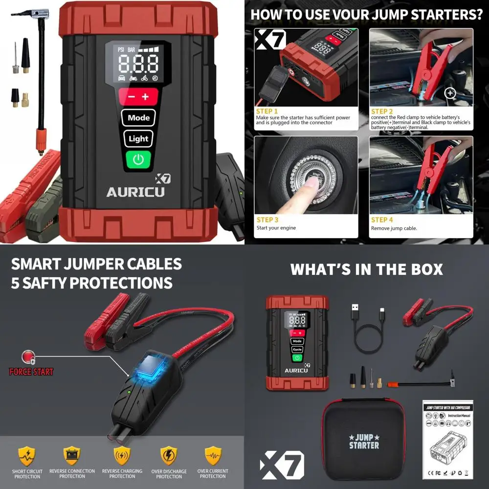 

X7 1750A Jump Starter 150 PSI Air Compressor 12V Lithium Battery Booster Pack, Portable Jump Box, Power Bank & Jumper Cables for