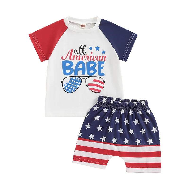 Baby Patriotic Outfits Sunglasses Star Stripe Print Short Sleeve T-Shirt and Elastic Shorts Set for Toddler